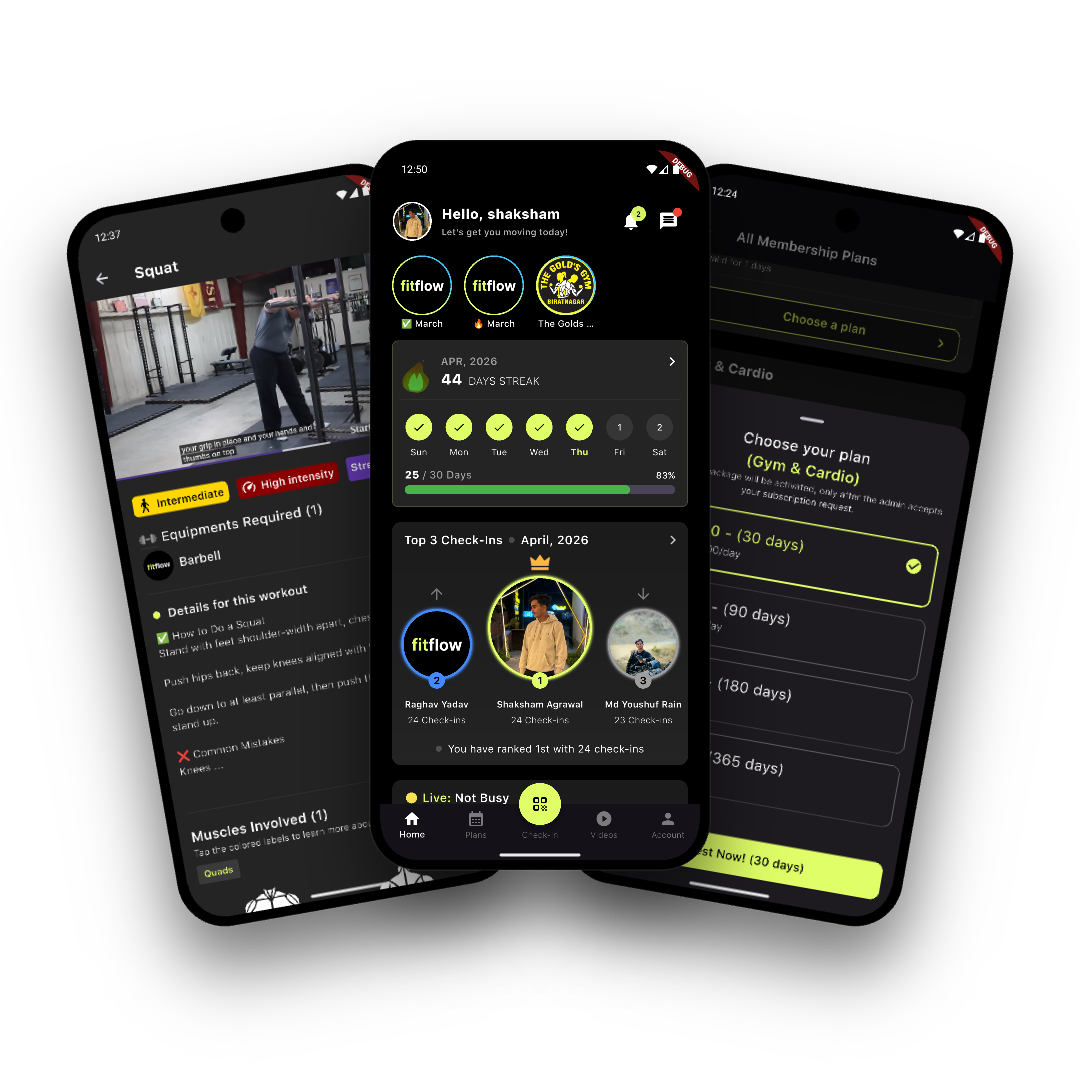 FitFlow Member App — three phones showing workout videos, daily check-in streak with leaderboard, and membership plans
